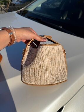 Neutral Woven Mini Handbag with Tan Trim